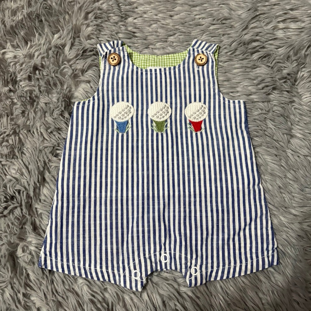 Mudpie Embroidered Golf Striped Tank Romper Overall Baby Boy 0-3 Months